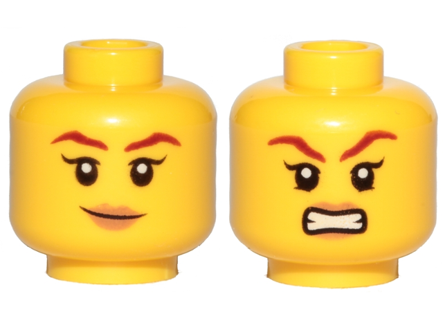 Part 3626pb2245 - Minifigure, Head Dual Sided Female Brown Eyebrows, Peach Lips, Smile / Angry Pattern (Skylor) - Hollow Stud - De BrickPlaats