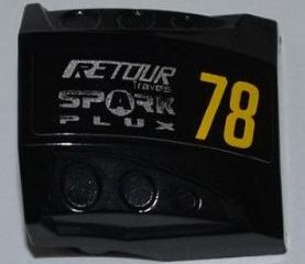 Part 44675pb006R - Slope, Curved 2 x 2 with Debossed Side Ports with Yellow '78', Silver 'RETOUR Travels' and 'SPARK PLUX' Pattern Model Right Side (Sticker) - Set 8126 - De BrickPlaats