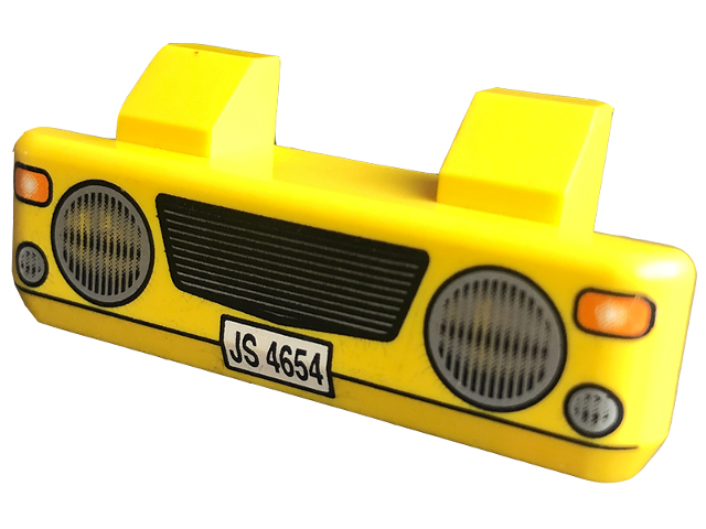 Part 45409pb01 - Vehicle, Grille 2 x 6 with 2 Technic Pins with 'JS 4654' and Headlights Pattern - De BrickPlaats