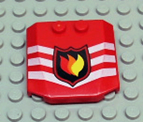 Part 45677px1 - Wedge 4 x 4 x 2/3 Triple Curved with Fire Logo Badge and 3 White Chevrons Pattern - De BrickPlaats