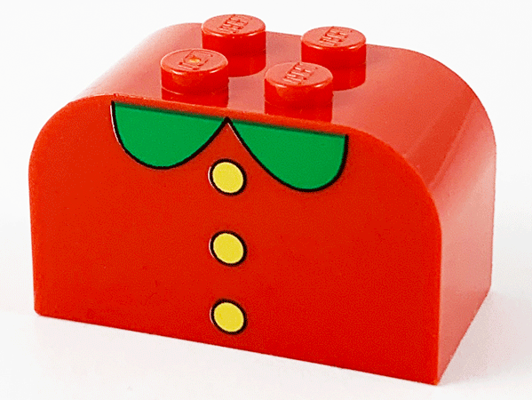 Part 4744px21 - Slope, Curved 4 x 2 x 2 Double with 4 Studs with 3 Yellow Buttons, Green Collar Pattern - De BrickPlaats