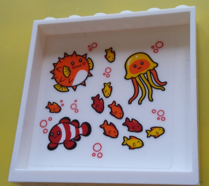 Part 59349pb254 - Panel 1 x 6 x 5 with Red, Orange, and Bright Light Orange Fish, Pufferfish, Clownfish, and Jellyfish Pattern on Inside (Sticker) - Set 60204 - De BrickPlaats