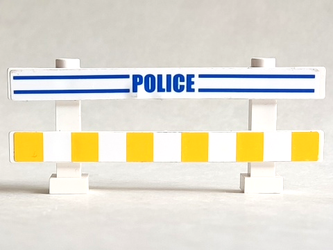Part 6079pb03 - Fence 1 x 8 x 2 2/3 with Blue Lines, 'POLICE' and White and Yellow Stripes Pattern (Stickers) - Set 7286 - De BrickPlaats