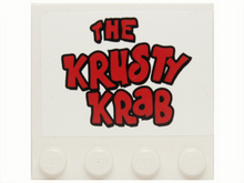 Part 6179pb044 - Tile, Modified 4 x 4 with Studs on Edge with Red 'THE KRUSTY KRAB' Pattern (Sticker) - Set 3833 - De BrickPlaats