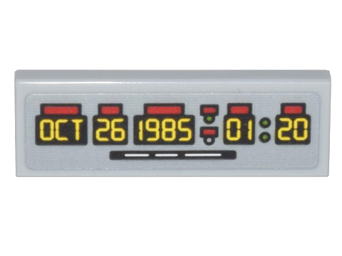 Part 63864pb201 - Tile 1 x 3 with Time Machine Digital Clock Yellow 'OCT 26 1985 01:20' Pattern (Sticker) - Set 10300 - De BrickPlaats