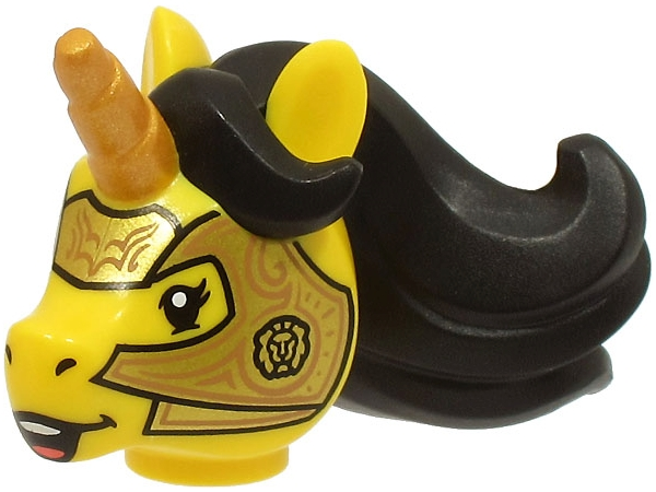 Part 70751pb03 - Minifigure, Head, Modified Unicorn with Molded Black Mane and Printed Gold Horn and Armor with Copper Lines Pattern (BAM) - De BrickPlaats