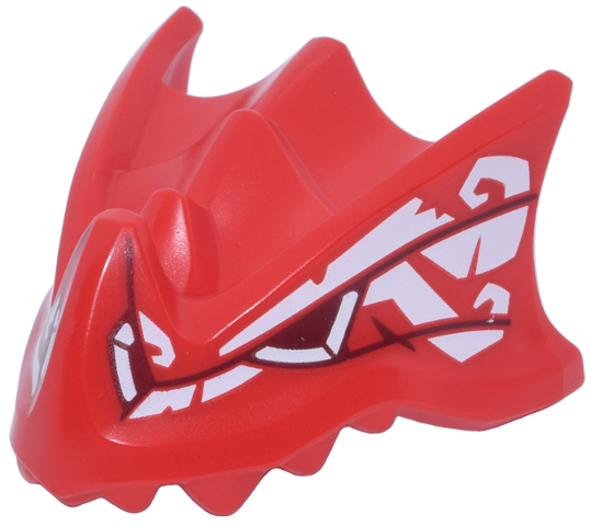 Part 7243pb01 - Dragon Head (Ninjago) with Stepped Top, Horn and Pin Hole on Back with Dark Red Eye and Lines and White Spiral Markings Pattern - De BrickPlaats