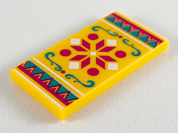 Part 87079pb0643 - Tile 2 x 4 with Magenta and White Geometric, Dark Turquoise Filigree, Dark Turquoise and Magenta Triangles Border Pattern - De BrickPlaats