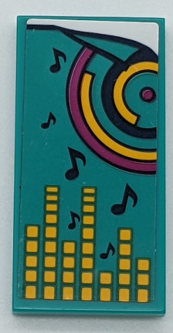 Part 87079pb0963 - Tile 2 x 4 with Dark Turquoise Blanket with Dark Blue Musical Notes, Circles, Magenta Dot and Yellow Equalizer Bars Pattern (Sticker) - Set 41341 - De BrickPlaats