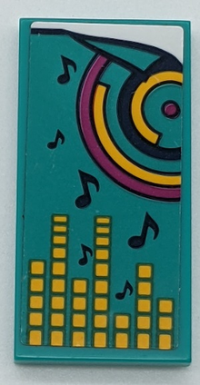 Part 87079pb0963 - Tile 2 x 4 with Dark Turquoise Blanket with Dark Blue Musical Notes, Circles, Magenta Dot and Yellow Equalizer Bars Pattern (Sticker) - Set 41341 - De BrickPlaats