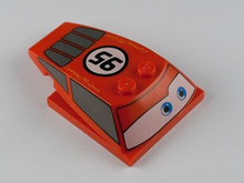 Part 93591pb01 - Wedge 6 x 4 x 1 1/3 with 4 x 4 Base with Blue Eyes, Windows and '95' in White Circle Pattern - De BrickPlaats