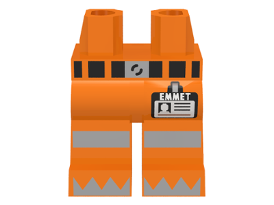 Part 970c00pb0327 - Hips and Legs with Belt, Reflective Stripes, 'EMMET' Name Tag and Silver Triangles on Feet Pattern - De BrickPlaats