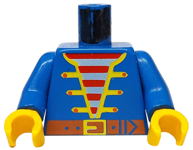 Part 973p34c01 - Torso Pirate Jacket Open with Yellow Trim over Shirt with Red and White Horizontal Stripes, Dark Orange Belt with Buckle Pattern / Blue Arms / Yellow Hands - De BrickPlaats