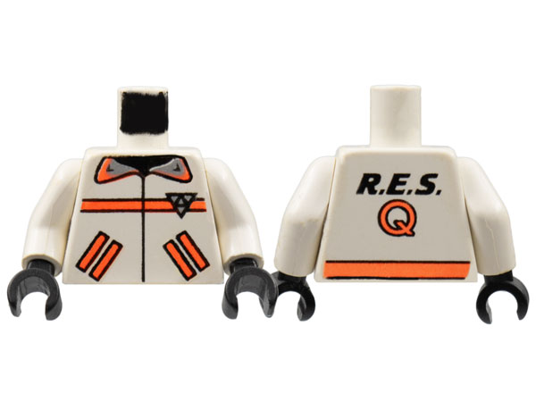 Part 973p8bc01 - Torso Res-Q Orange Stripes, Pockets, Back Logo Pattern / White Arms / Black Hands - De BrickPlaats