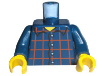 Part 973pb0086c01 - Torso Shirt Dark Red Plaid, 4 White Buttons, Narrow Yellow Neck Pattern / Dark Blue Arms / Yellow Hands - De BrickPlaats