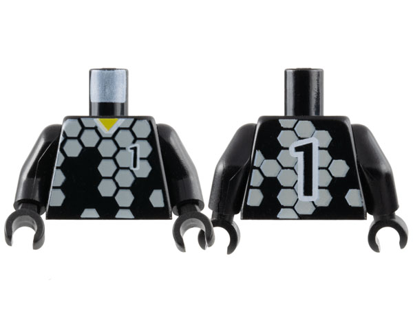 Part 973pb0166c01 - Torso Soccer Uniform Shirt with Light Gray Hexagons, Number 1, Yellow Neck Pattern / Black Arms / Black Hands - De BrickPlaats