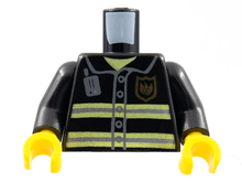 Part 973pb0300c01 - Torso Fire Uniform Gold Badge, Silver Reflective Stripes, Dark Bluish Gray Radio Pattern / Black Arms / Yellow Hands - De BrickPlaats