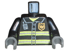 Part 973pb0300c02 - Torso Fire Uniform Gold Badge, Silver Reflective Stripes, Dark Bluish Gray Radio Pattern / Black Arms / Dark Bluish Gray Hands - De BrickPlaats