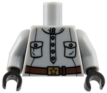 Part 973pb0466c01 - Torso Shirt with Popover Placket, Pockets, and Gold Buttons, Dark Brown Belt with Buckle with Star Pattern / Light Bluish Gray Arms / Black Hands - De BrickPlaats