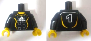Part 973pb0553c01 - Torso Soccer Adidas Logo, White and Yellow No. 1 Pattern (Stickers) / Black Arms / Yellow Hands - De BrickPlaats