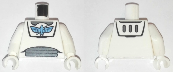 Part 973pb0633c01 - Torso Spacesuit with Medium Blue Star Command Logo, Dark Bluish Gray Neck and Stomach Panels Pattern / White Arms / White Hands - De BrickPlaats
