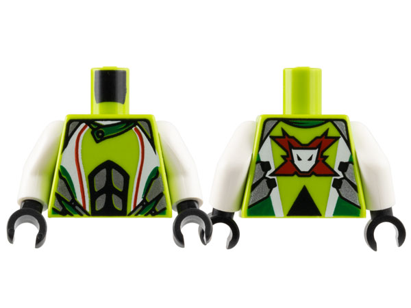 Part 973pb0684c01 - Torso World Racers - White and Silver Jacket with Team Extreme Logo on Back Pattern / White Arms / Black Hands - De BrickPlaats