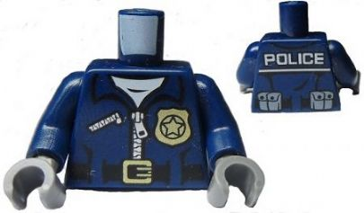 Part 973pb1547c01 - Torso Police Jacket with White Undershirt, Zippers, Gold Badge and Buckle with 'POLICE' Pattern on Back / Dark Blue Arms / Dark Bluish Gray Hands - De BrickPlaats