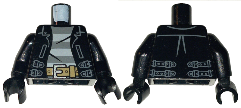 Part 973pb1550c01 - Torso Leather Jacket with Gray Striped Undershirt and Silver Buckle with Dark Tan Belt Pattern / Black Arms / Black Hands - De BrickPlaats