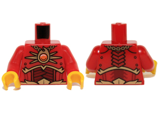 Part 973pb1723c01 - Torso Dark Red and Gold Armor and Necklace with Orange Round Jewel (Fire Chi) Pattern / Red Arms / Yellow Hands - De BrickPlaats
