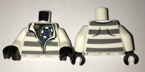 Part 973pb2487c01 - Torso Town Prisoner Open Collar, Number 706, Dark Bluish Gray Stripes, Mechanical Pattern / White Arms / Black Hands - De BrickPlaats