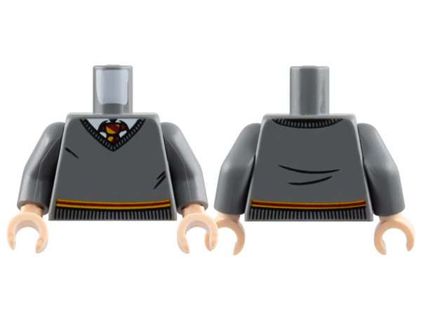 Part 973pb3192c01 - Torso V-Neck Sweater, White Collar, Red and Yellow Tie and Waist Trim (Gryffindor) Pattern / Dark Bluish Gray Arms / Light Nougat Hands - De BrickPlaats