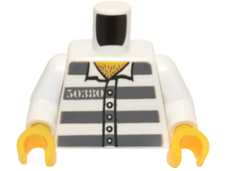 Part 973pb3375c01 - Torso Town Prisoner Number 50380, Dark Bluish Gray Stripes, 5 Buttons, Hairy Chest Pattern / White Arms / Yellow Hands - De BrickPlaats