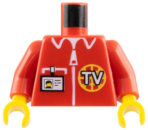 Part 973px131c01 - Torso Shirt with White Zipper, Pocket, Collar, and 'TV' Logo, ID Badge Pattern / Red Arms / Yellow Hands - De BrickPlaats