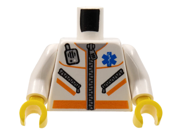 Part 973px500c01 - Torso Hospital EMT Star of Life, Zipper, Zippered Pockets, Radio Pattern / White Arms / Yellow Hands - De BrickPlaats
