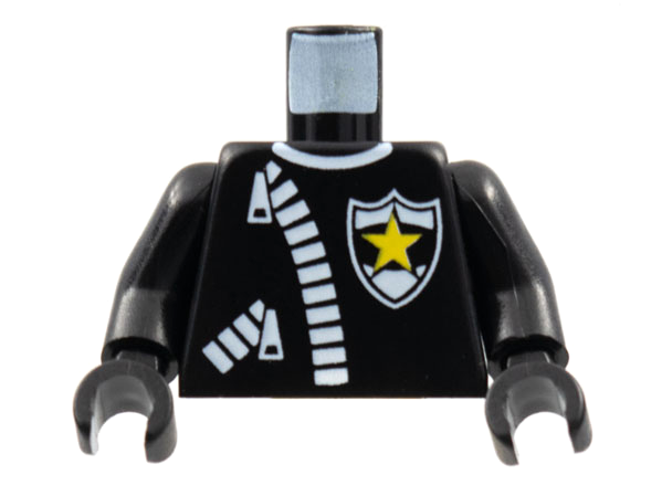 Part 973px9c01 - Torso Police Leather Jacket with Thick White Zippers and Badge with Yellow Star Pattern / Black Arms / Black Hands - De BrickPlaats
