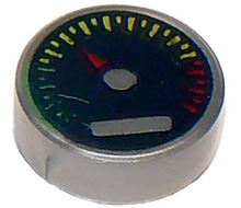 Part 98138pb010 - Tile, Round 1 x 1 with Black Gauge with Red Pointer and Green, Yellow, and Red Tick Marks Pattern - De BrickPlaats