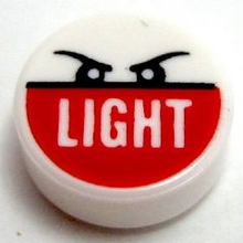 Part 98138pb052 - Tile, Round 1 x 1 with 'LIGHT' on Red Background and Black Angry Eyes Pattern - De BrickPlaats