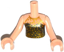 Part FTGpb079c01 - Torso Mini Doll Girl Pearl Dark Gray Halter Top with Gold Trim, Spots and Stars Pattern, Light Nougat Arms with Hands - De BrickPlaats