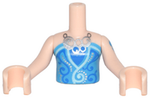 Part FTGpb118c01 - Torso Mini Doll Girl Blue Strapless Top, Light Aqua Trim, Silver Necklace Pattern, Light Nougat Arms with Hands with Dark Azure Tattoo - De BrickPlaats