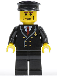 Minifig air043 - Airport - Pilot with Red Tie and 6 Buttons, Black Legs, Black Hat, Vertical Cheek Lines - De BrickPlaats