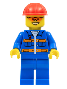 Minifig con010 - Blue Jacket with Pockets and Orange Stripes, Blue Legs, Red Construction Helmet, Orange Sunglasses - De BrickPlaats