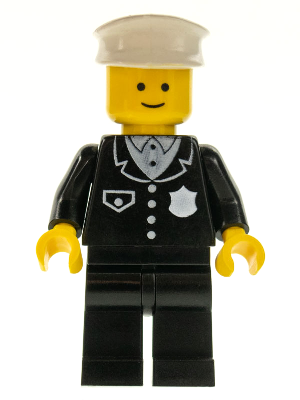 Minifig cop001 - Police - Suit with 4 Buttons, Black Legs, White Hat - De BrickPlaats