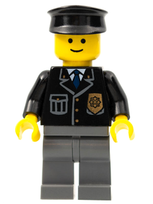 Minifig cop050 - Police - City Suit with Blue Tie and Badge, Dark Bluish Gray Legs, Black Hat - De BrickPlaats