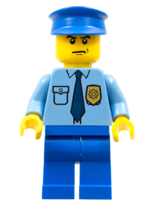 Minifig cop054 - Police - City Shirt with Dark Blue Tie and Gold Badge, Blue Legs, Blue Police Hat, Scowl - De BrickPlaats