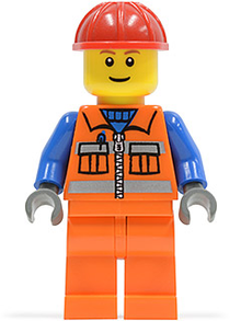 Minifig cty0014 - Construction Worker - Orange Zipper, Safety Stripes, Blue Arms, Orange Legs, Red Construction Helmet - De BrickPlaats