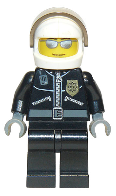 Minifig cty0027a - Police - City Leather Jacket with Gold Badge and 'POLICE' on Back, White Helmet, Trans-Brown Visor, Silver Sunglasses - De BrickPlaats