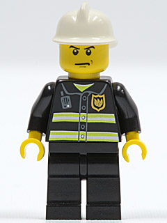 Minifig cty0044 - Fire - Reflective Stripes, Black Legs, White Fire Helmet, Angry Eyebrows - De BrickPlaats