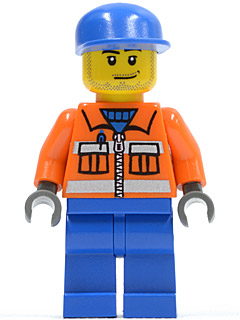 Minifig cty0054 - Ground Crew - Orange Zipper, Safety Stripes, Orange Arms, Blue Legs, Blue Cap, Smirk and Stubble Beard - De BrickPlaats
