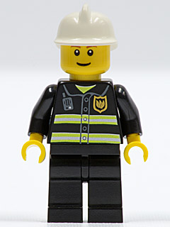Minifig cty0090b - Fire - Reflective Stripes, Black Legs, White Fire Helmet, Reddish Brown Eyebrows, Thin Grin, Yellow Hands - De BrickPlaats