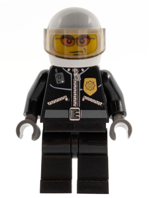 Minifig cty0102 - Police - City Leather Jacket with Gold Badge, White Helmet, Trans-Brown Visor, Orange Sunglasses - De BrickPlaats